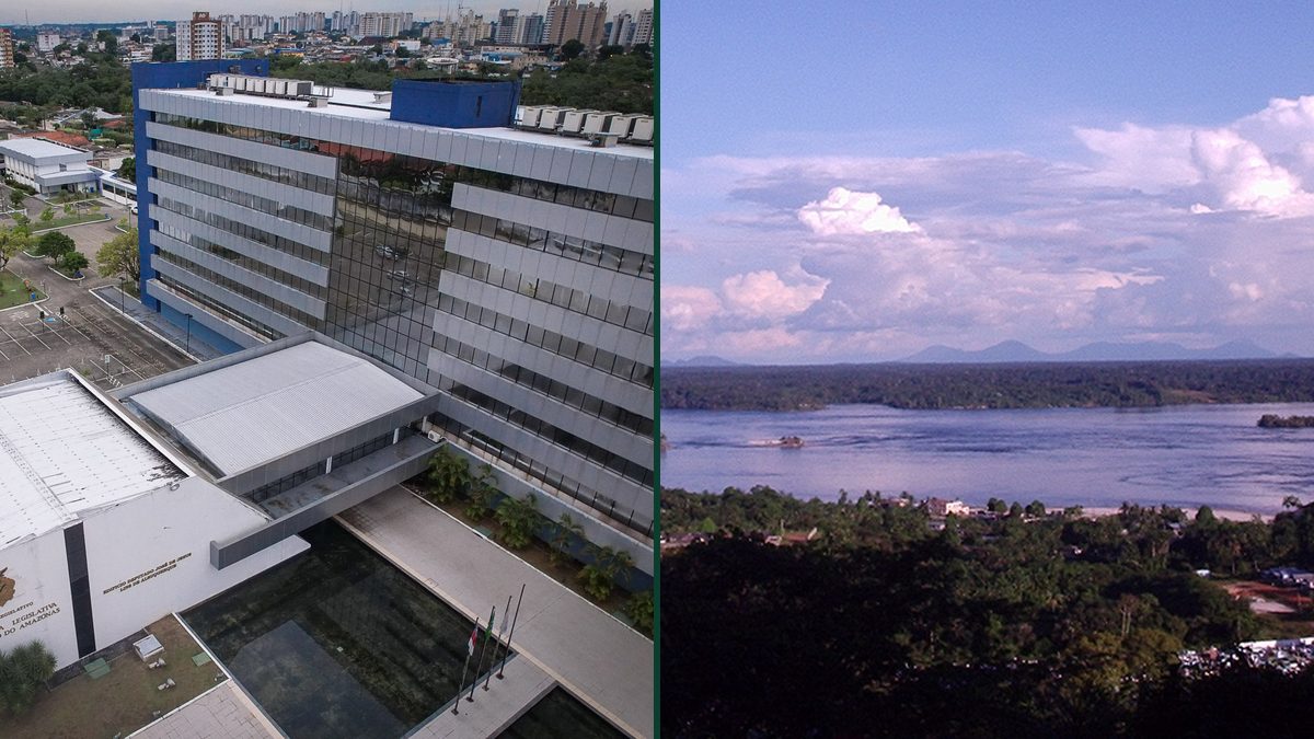 Montagem com a sede da Assembleia Legislativa do Amazonas, em Manaus, e vista de São Gabriel da Cachoeira às margens do rio Negro