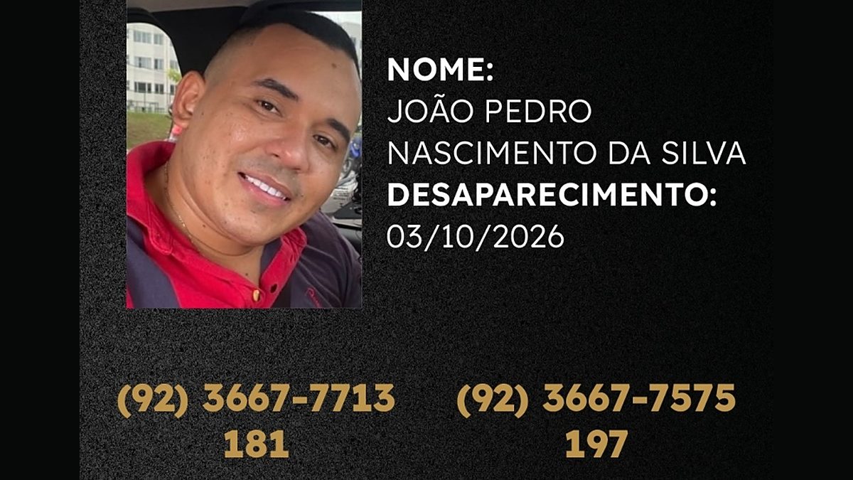 Cartaz da Polícia Civil com foto e nome do homem desaparecido em Manaus e telefones para informações